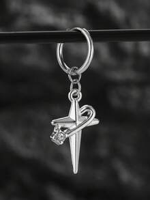 1 pieza Pendiente de cruz envuelto con diamante negro y diamante transparente incrustado en acero inoxidable, de moda y único para hombres - Plateado - Ver 1