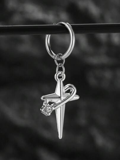 1pc Stainless Steel Multi-Cross Inlaid Black Diamond & Transparent Diamond Wrapped Cross Earring, Fashionable & Unique For Men