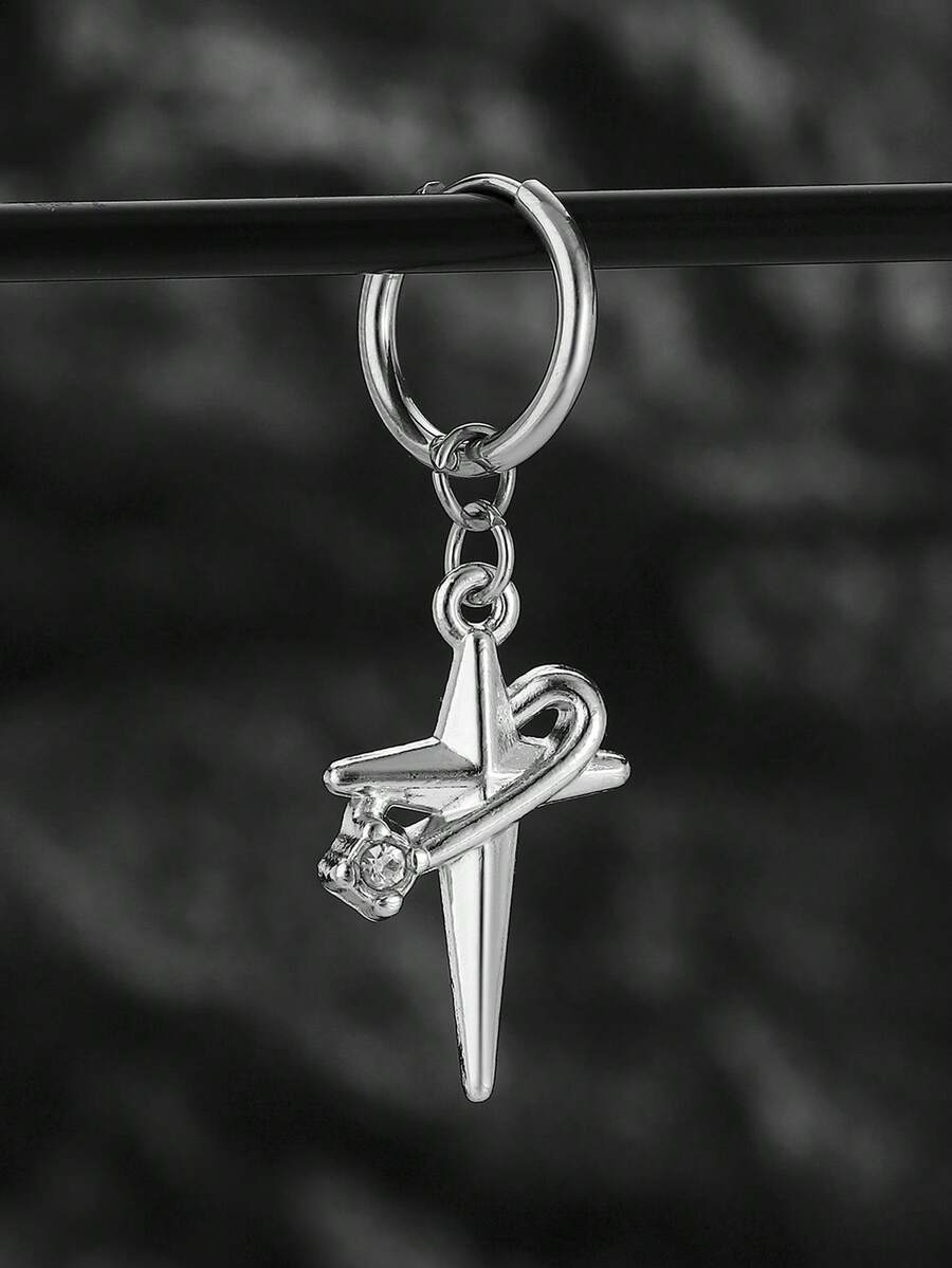 1 pieza Pendiente de cruz envuelto con diamante negro y diamante transparente incrustado en acero inoxidable, de moda y único para hombres - Plateado - Ver 1