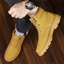 [Special Offer] Men's Faux Leather Lace-Up Work Boots - Buckle Strap Detail & Non-Slip Lug Sole, Comfortable Durable Footwear For Daily Casual, Outdoor & Street Style Wear - 棕色 - 查看 7