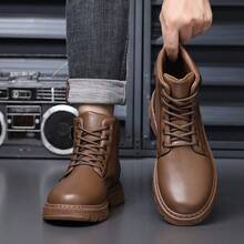Men's High Top Combat Ankle Boots, Side Zipper Lace Up Faux Leather Casual Work Boots, Non-Slip Wear-Resistant Thick Sole Outdoor Hiking Boots For Men Fall Winter Daily Wear - 棕色 - 查看 5