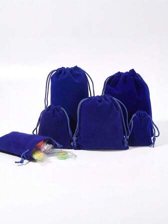 5件套首饰收纳袋，带抽绳，加大多功能收纳袋，蓝色天鹅绒首饰袋，适合存放项链、耳环、手镯及各种贵重物品