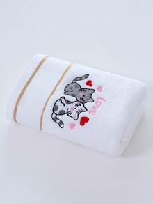 Juego de toallas para pareja o individual para el Día de San Valentín - Toalla de baño de algodón puro con bordados de gato y motivos de corazón, ultra suave y absorbente con ribete dorado, decoración de baño lujosa - Blanco - Ver 10