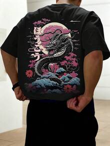 Áo thun nam tay ngắn Krometka kiểu dáng thường ngày, đa năng, in hình rồng đen và hoa anh đào. - màu đen - Xem 4