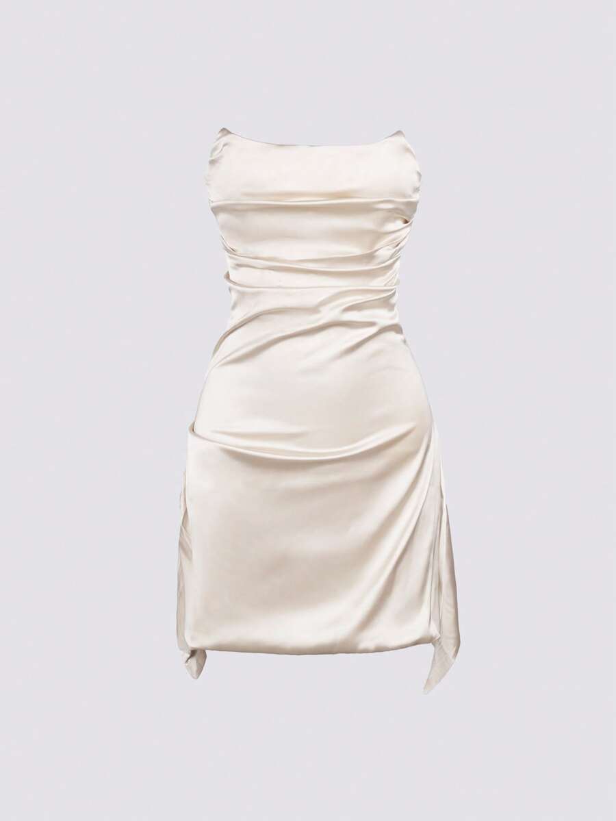 Satin Boned Ruched A-Line Backless Strapless Tube Mini Dress Ballet Sweet Princess Style Party Bridemide Dress - Champagne - View 1