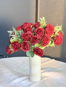 1/3支装12英寸人造玫瑰花束，仿真玫瑰，婚礼花束，新娘及伴娘花束，家居花园，客厅，商场花盒装饰，适用于房间装饰、家居装饰、厨房装饰、婚礼装饰、场景布置、客厅和卧室花瓶摆设 - 紅色 - 查看 5
