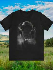 Bison Black And White Short Sleeve Tee Animal Print Shirt Nature Lover T-Shirt Gift For Animal Lover Black And White Graphic Tee Novelty Tee - 黑色 - 查看 1