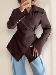 Women's Waist Tie Long Sleeve Unique Solid Color Casual Shirt, Polyester, Spring/Summer - Brown - View 2