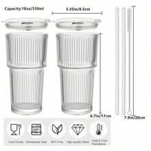 20oz Vertical Stripes Glass Coffee Cups With Lid & Straw Set Of 4 Premium Thickened Glass For Iced Coffees Cocktails Juices Family Use & Parties Leak Proof Tumblers Drinkware Stylish - 2Pack - View 4