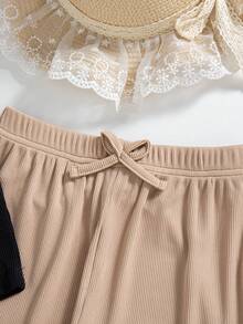Setelan 2pcs Anak Perempuan Kasual Modis, Atasan Tanpa Lengan Leher Bulat Warna Kontras dan Hiasan Pita 3D serta Celana Panjang dengan Tali Serut Palsu, Musim Panas - Khaki - View 7