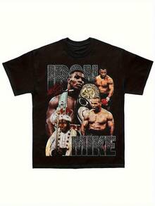 Men's Boxing T-Shirt - "Iron Mike" Design With Fighter Silhouettes, Red And White Color Scheme, Regular Fit Crew Neck T-Shirt For Casual Wear In All Seasons, Boxing T-Shirt - màu đen - Xem 3