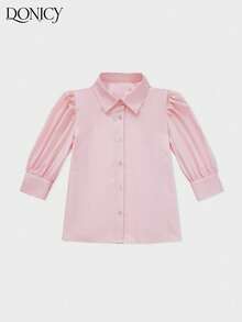 DONICY Damen Einfarbige Bluse mit Kragen und Puffärmeln, Lässiger Retro-Stil Loose Fit Hemd für Frühling, Sommer, Herbst, geeignet für den täglichen Gebrauch, Dates, Geschäft und Lässig