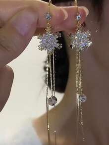 1对圣诞雪花优雅长流苏耳环，简约雪花蝴蝶结樱桃耳环，情人节、圣诞节、新年节日礼物派对配饰 - 彩色 - 查看 5