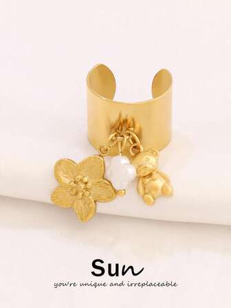 1pc Stainless Steel Flower Pendant Open Ring, Fashionable Pearl Shell Pendant Round Ring, Waterproof Jewelry For Women