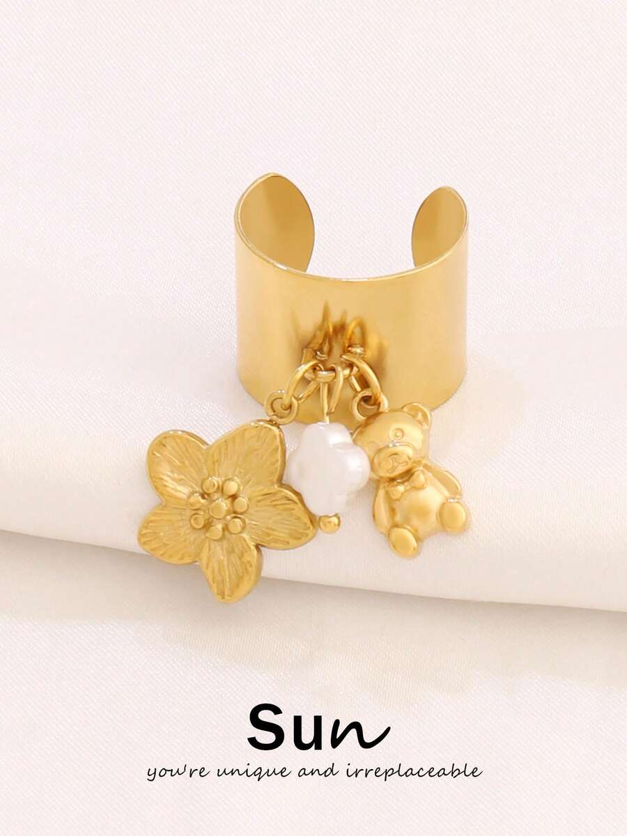 1pc Stainless Steel Flower Pendant Open Ring, Fashionable Pearl Shell Pendant Round Ring, Waterproof Jewelry For Women