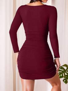 New Autumn Long Sleeve Ice Silk Dress, Square Collar, Pleated, Sexy Blue Bodycon Camisole Mini Dress Elegant Spring - Burgundy - View 3