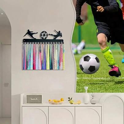 1pc Football Medal Hook Display Stand, Medal Holder, Solid Black Steel Metal, Wall-Mounted For Over 50 Medals, Easy To Install, Hook Display Stand