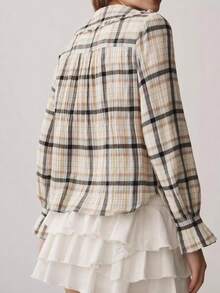 Women's Collared Plaid Shirt, Y2K Style, Long-Sleeved Puff Sleeve, Ruffled Button Plaid Shirt, Comfortable And Casual Shirt Suitable For Daily Commuting. - Màu be - Xem 2