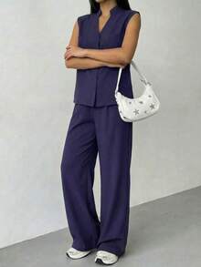 A&DD MODA,REF:Y287 - Women's Solid Color Two-Piece Set, Consisting Of A Sleeveless Vest And Loose-Fitting Trousers, With Upper Body Pockets And Elastic Waistband, Suitable For Daily Outings - 藏蓝色 - 查看 4