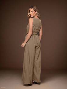 Women's Fashion Jumpsuit, Elegant Tailored Wide Legs, Discreet Pockets, Bandage Style - Màu Khaki - Xem 2
