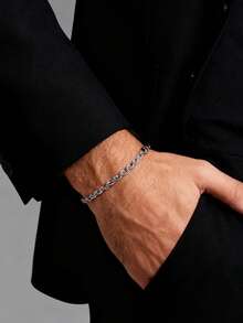 2件套时尚嘻哈独特不锈钢扭链项链和手链首饰套装，日常/节日/派对/生日男士礼物 - 銀色 - 查看 2