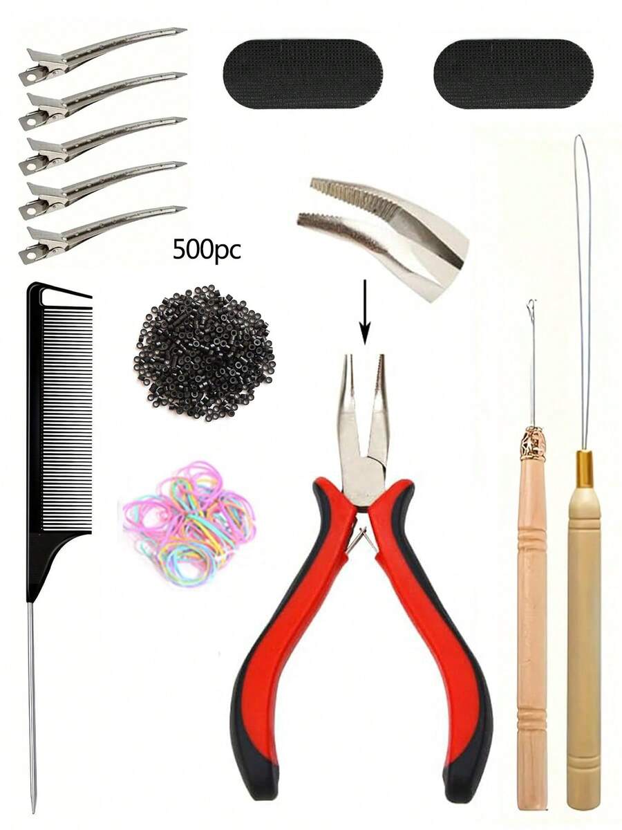 Hair Extension Tool Set, Equipped With Hair Extension Pliers, Pointed Tail Comb, Threading Device, Hook Pin, And 500 Pieces Of Micro Ring Connecting Beads For Wig Extensions, Feather Extensions, Etc - Multicolor - View 1