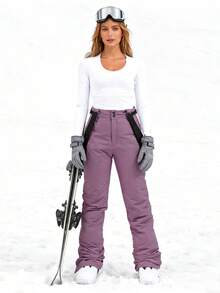 Women's Insulated Ski Pants Set, Men's Winter Ski Pants With Detachable Suspenders, Suitable For Outdoor Activities, Skiing Equipment, Warm Clothing, Sports Style Pants, Reinforced Structure, Functional Snow Suspenders, Durable Snow Gear, Thick, Breathable Ski Wear - 紫丁香色 - 查看 2