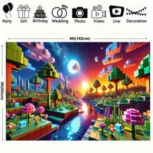 2D Flat 1pc Pixel World Dawn Theme Party Banner - Retro Video Game Design, Block Trees And Mushroom Patterns, Vibrant Mixed Colors, Durable Polyester Material For Indoor/Outdoor Family Celebrations, Room And Garden Decor, Multi-Purpose Festival Background, Pixel Style Sunset Silhouette Design - 1PCS - View 4