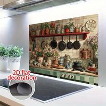 1片复古欧式防油墙纸贴纸 - 逼真的烹饪装饰花卉图案，PET薄膜背衬板装饰，适用于家庭、餐厅、咖啡厅墙面 - 易于安装和维护，2D平面 - 彩色 - 查看 6