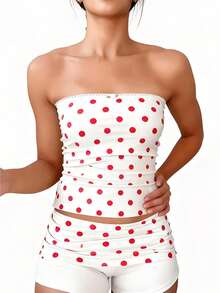 Women Polka Dot 2 Piece Outfits Summer Vacation Matching Set Strapless Tube Top And Baggy Shorts Lounge Set - 紅色 - 查看 1