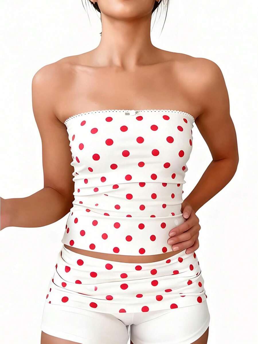 Women Polka Dot 2 Piece Outfits Summer Vacation Matching Set Strapless Tube Top And Baggy Shorts Lounge Set - 紅色 - 查看 1