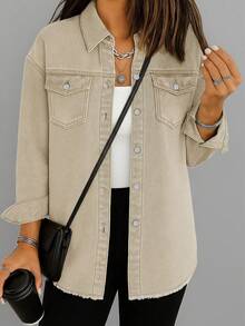 Women's Winter Street Style Oversized Frayed Denim Jacket With Elegant Shirt Collar