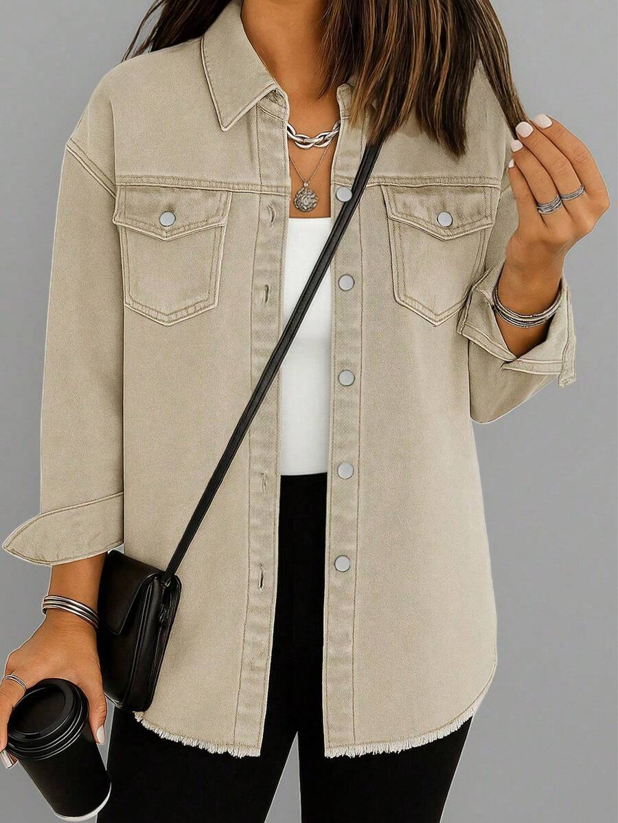 Women's Winter Street Style Oversized Frayed Denim Jacket With Elegant Shirt Collar