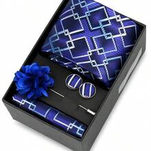 男士正式婚礼领带套装，涤纶面料领带，口袋巾，袖扣，胸针礼盒套装，金色格子图案 - 混色 - 查看 49