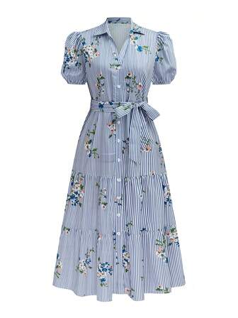 Randig blommig midiklänning med skärp, knappar, krage och korta puffärmar för kvinnor