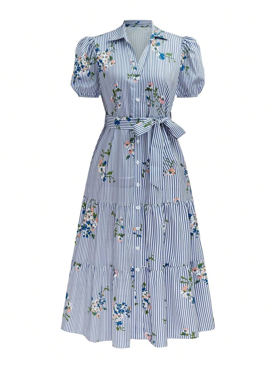 女士条纹印花系带纽扣中长连衣裙，带领子和短泡泡袖