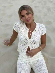 Bộ đồ đi nghỉ hè cho nữ, áo khoác ngắn tay dệt kim ren móc khoét lỗ gợi cảm + quần dài 2 mảnh - Bộ đồ đi nghỉ 2 mảnh cho nữ, trang phục đi hộp đêm bằng ren móc, màu trắng ôm sát gợi cảm cho nữ - trắng - Xem 4