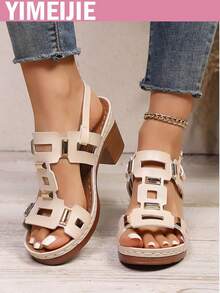 Neue Damen High Heel Sandalen, modische geometrische Muster Party & Urlaubs Sandalen, PU Leder Cut-Out-Muster Nieten Dekor Schnallen Design High Heel Sandalen, für Outdoor Frühling/Sommer - Weiss - Übersicht 4