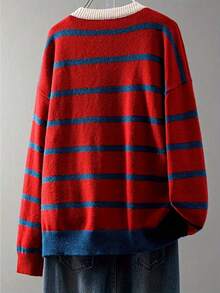 Áo khoác cardigan dệt kim kẻ sọc hình trái tim dành cho nữ, mềm mại và thoải mái, thiết kế mở phía trước, viền tương phản, dáng rộng, phù hợp cho ngày Valentine, những buổi hẹn hò lãng mạn dịp năm mới và mặc thường ngày. - Đỏ - Xem 2