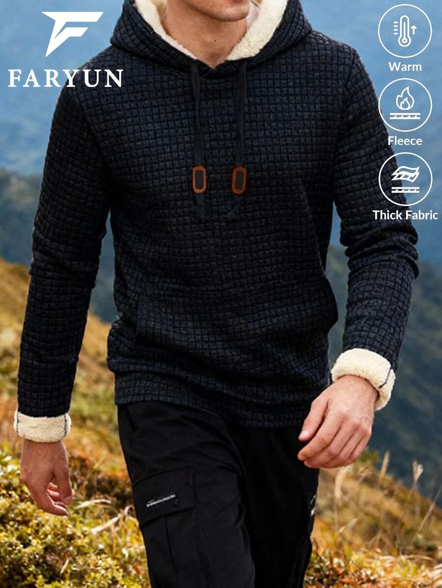 男士秋冬保暖连帽衫，深灰色格子羊羔绒内衬保暖卫衣 - 黑色 - 查看 1