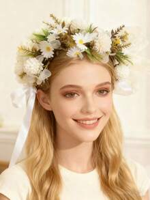 1 szt. wianek z kwiatów stokrotek w stylu boho, regulowana opaska na głowę z kwiatami dla dziewczynki - Beżowy - Zobacz 2