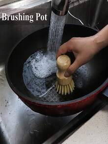 符合人体工学的木制清洁刷 - 耐用的多表面清洁剂，适用于锅碗瓢盆、台面、地板和墙壁 - 手动操作，无需用电 - 高品质厨房和家居清洁工具，天然木质设计 | 天然木柄清洁刷、锅具清洁刷、洗碗刷、清洁和去污刷。 - 米色 - 查看 3