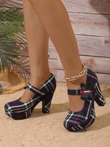 حذاء ماري جين ذو كعب سميك وبلاتفورم مقاوم للماء بتصميم كاروهات حمراء للنساء القصيرات موديل خريف 2024 الجديد - أزرق غامق - مشاهدة 3