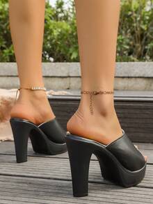 Sandalias planas con tacón grueso de estilo sexy y de moda con estampado de leopardo para mujeres - Negro - Ver 5