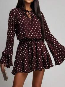 Women's Bohemian Polka Dot A-Line Mini Dress, Tie Neck, Long Ruffle Sleeves, Ruffle Hem, Woven Fabric, Button Front Detail Vacation Spring Elegant - Burgundy - View 6