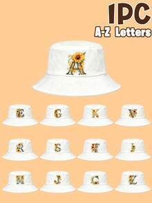 儿童白色彩色向日葵字母图案遮阳帽，26个字母可定制，时尚优雅多功能轻便防紫外线渔夫帽，适合作为生日/节日礼物，男孩/女孩户外日常、钓鱼、徒步旅行、休闲、上学等场合佩戴。 - 白色 - 查看 2