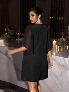 Voworia Plus Size V-Neck Sequin Chiffon Flare Sleeve Ruffle Hem Waist Cinched Creative Patchwork Mini Cocktail Dress, High-End Design - Black - View 2