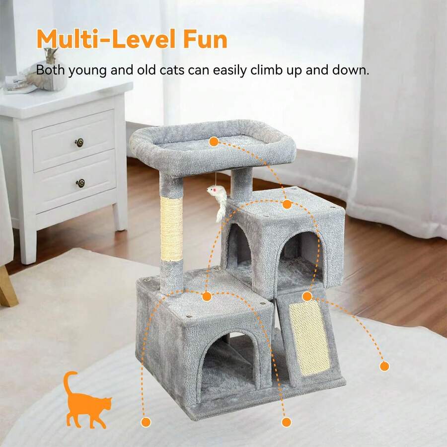 Natural Sisal Cat Scratching Post, Cat Nest & Cat Tree Combo, Cat Toy - Light Grey - View 1