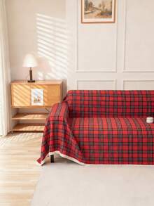 1件复古美式格子多功能防滑沙发套毯，带流苏 - 彩色 - 查看 3