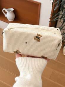 1pc Cute Bear Corduroy Makeup Bag, Waterproof, Can Hold Lipstick, Women's Cosmetic Bag, Small Compact Makeup Case, Women's Travel Pouch, Pencil Case, Large Capacity Makeup Brush Holder, Travel Toiletry Bag, Stationery Pouch,Pouch,Makeup Pouch,Travel Essential - Multicolor - View 13